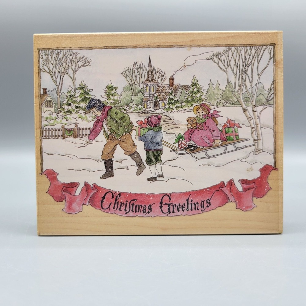 Christmas Greetings #90043 Rubber Stamp Winter Scene Stamps Happen 5.5" x 5" USA